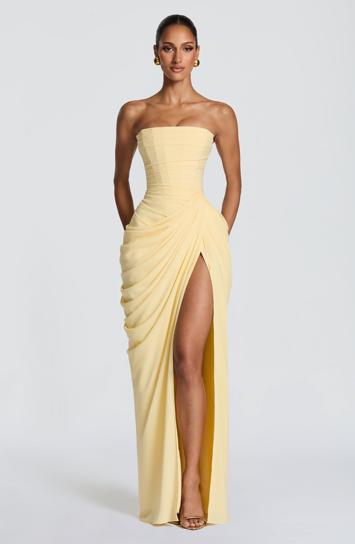 Celeste · Vestido largo palabra de honor – Silvia Morel