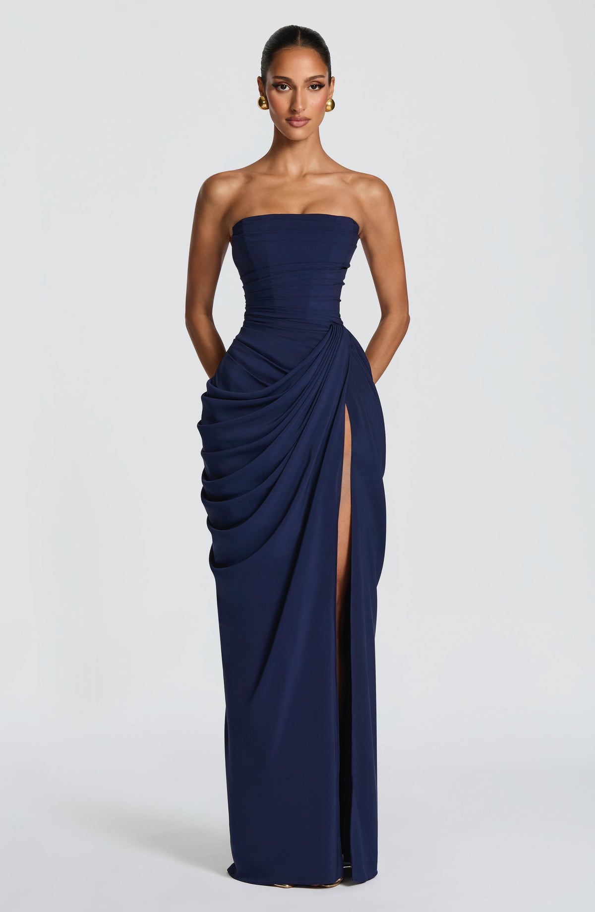 Celeste · Vestido largo palabra de honor – Silvia Morel
