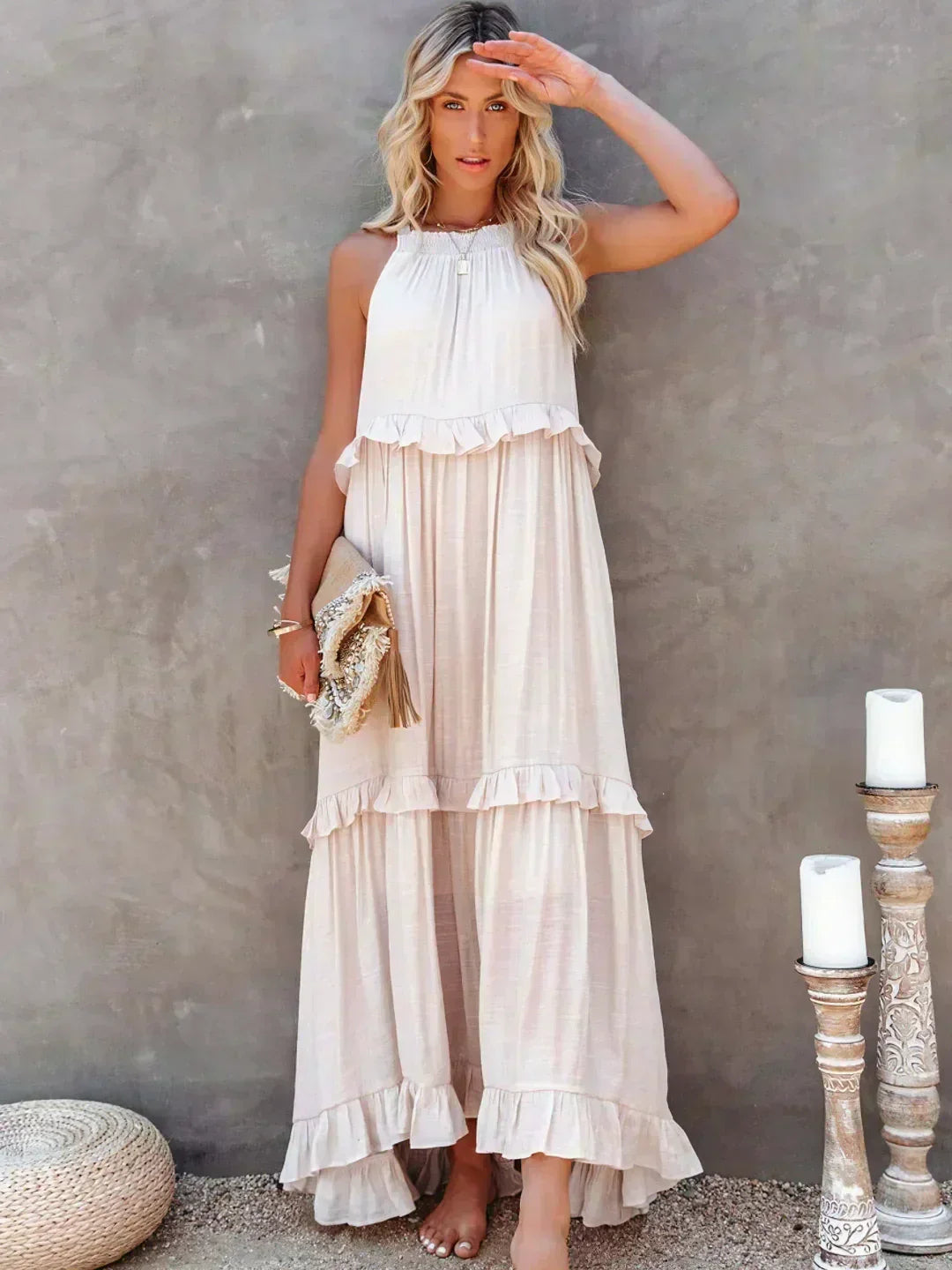 Jardín · Vestido largo halter con volantes – Silvia Morel