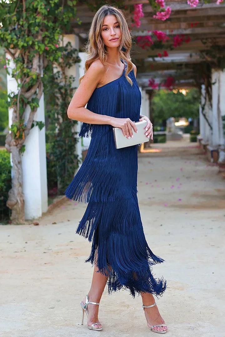 Zafiro · Vestido asimétrico con borlas – Silvia Morel
