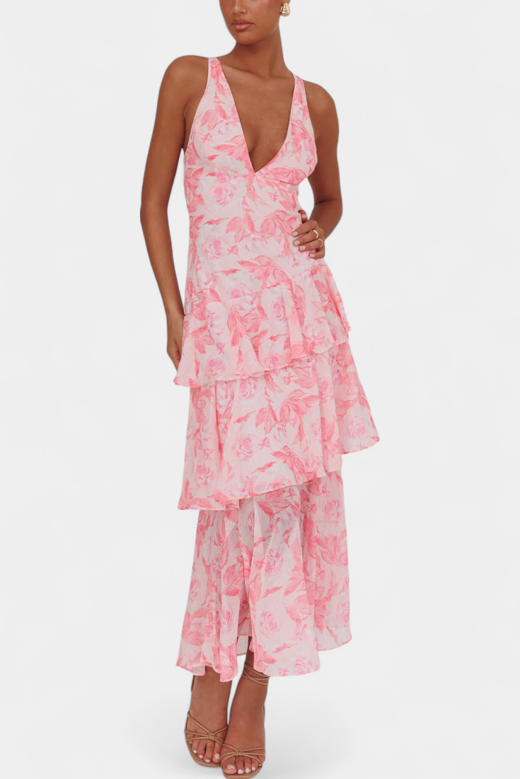 Carmen · Vestido largo de gasa en capas – Silvia Morel
