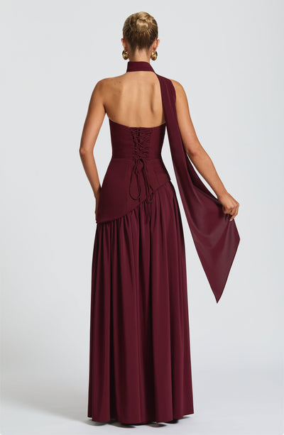 Eva · Vestido largo con corsé y abertura – Silvia Morel
