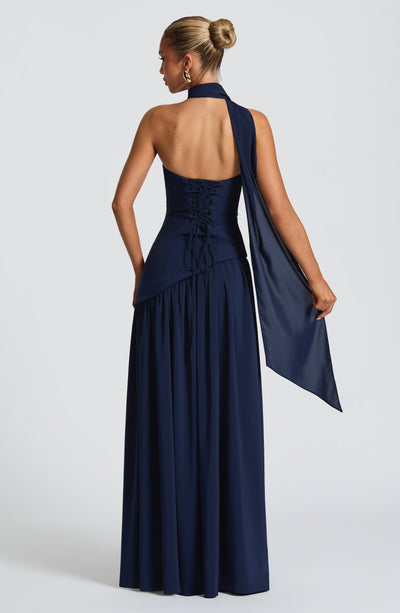 Eva · Vestido largo con corsé y abertura – Silvia Morel