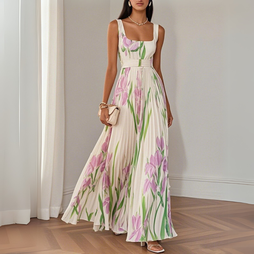Martina · Vestido largo plisado floral – Silvia Morel