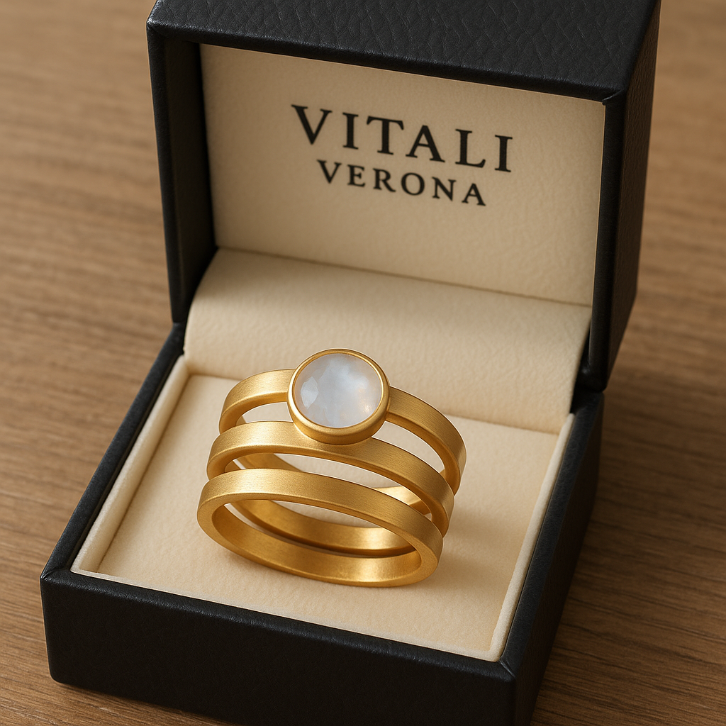 Selenita · Anillo dorado con piedra lunar – Silvia Morel