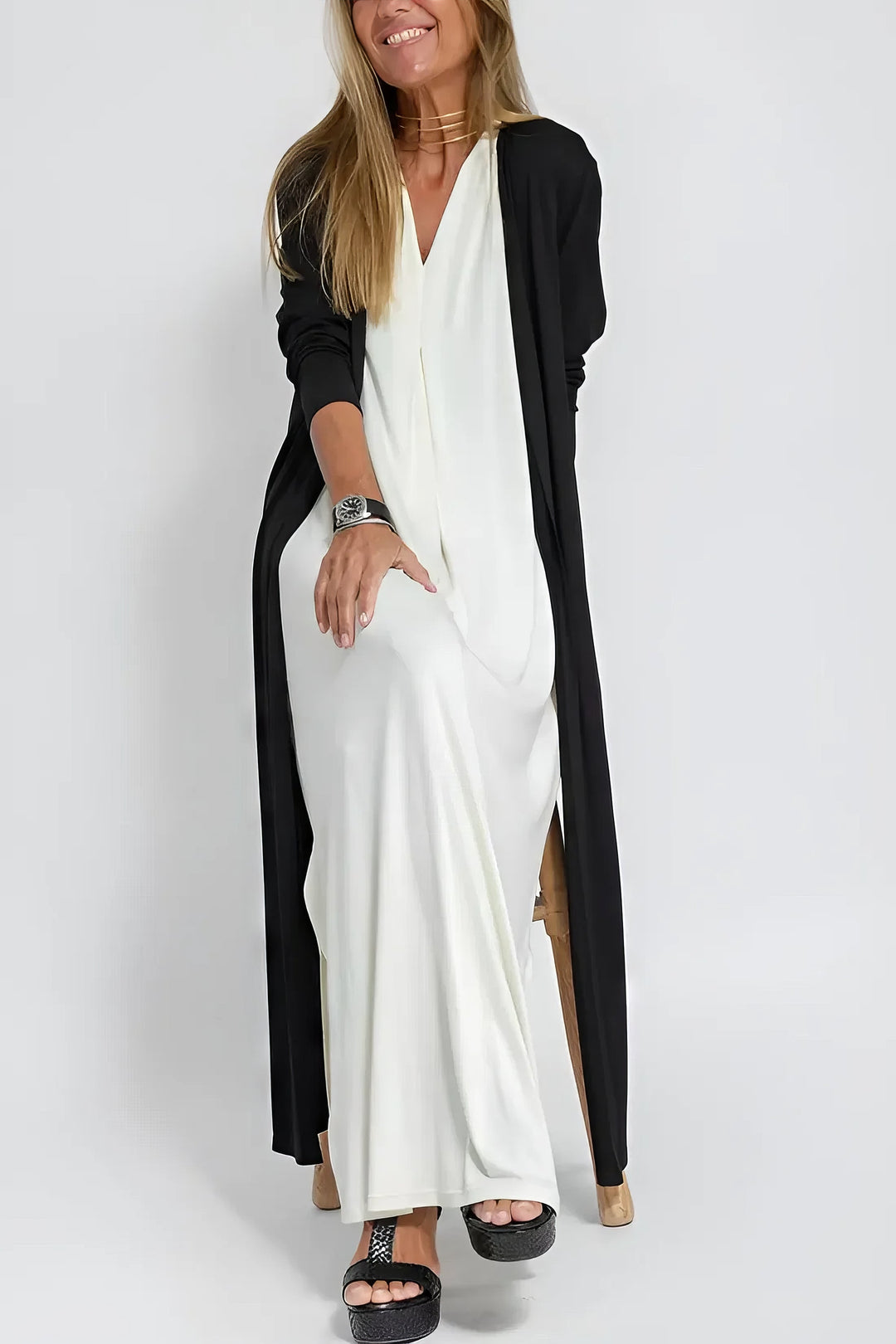 Rosario · Vestido largo moldeador con cárdigan – Silvia Morel