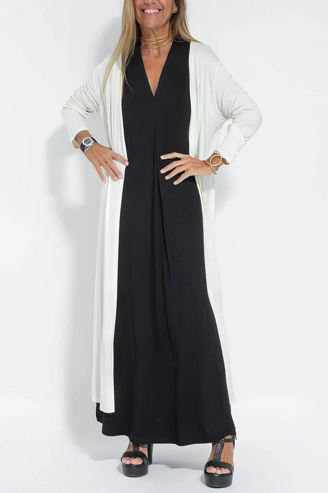 Rosario · Vestido largo moldeador con cárdigan – Silvia Morel