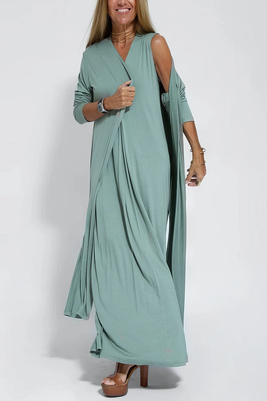 Rosario · Vestido largo moldeador con cárdigan – Silvia Morel